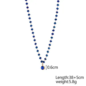 Detail of blue beaded necklace featuring size 38+5cm and 5.8g weight specifications