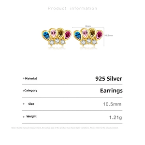 Detail of S925 silver crown stud earrings with colorful zircons and size specs
