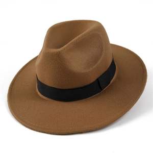 Detailed side view of brown wool felt fedora hat with black grosgrain ribbon band