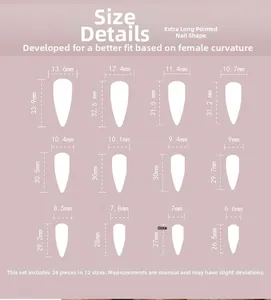 Size chart for 24pcs long stiletto press-on nails showing 12 different width measurements