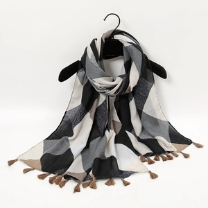 Winter shawl scarf with ink butterfly print and tassels, soft cotton linen feel