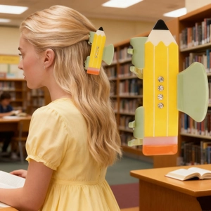 Creative pencil hair claw clip with rhinestones worn by a model in a library