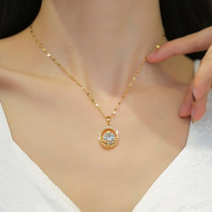Elegant gold titanium steel planet necklace with micro-inlaid diamonds for women