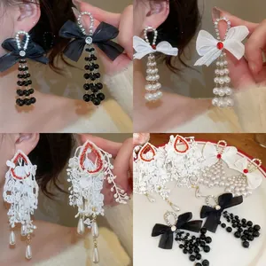Bowknot Artificial Pearl Tassel Earrings With 925 Sterling Silver Earring Post Alloy Rhinestone Fabric Bow Dangle Jewelry For Women