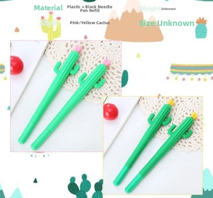 Close-up of green cactus gel pens with cute pink and yellow flower decorative caps