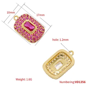 Pink rectangle crystal pendant with pavé cubic zirconia in gold plating, dual-view