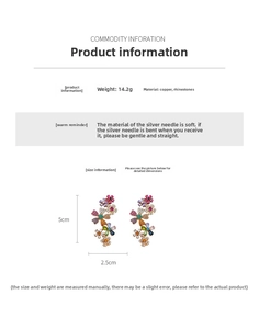 Detailliertes Datenblatt für bunte Strass-Blumenohrringe mit Maßen und Kupfermaterialien