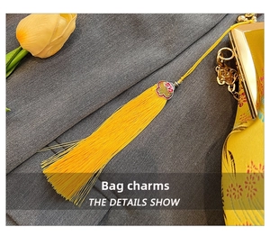 Detail showing elegant yellow silk tassel with red enamel dragon pattern charm on bag