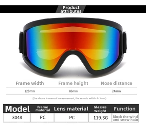 Detailed dimensions and PC material specifications for 3048 ski goggles with rainbow lens