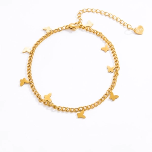 Detail shot of 18k gold plated butterfly charms and heart tag on stainless steel chain