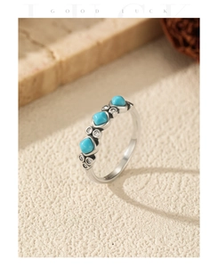 Macro detail of S925 silver ring with turquoise stones and clear cubic zirconia insets
