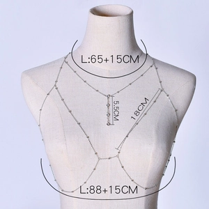 Détails d'une chaîne de corps multicouche argentée avec strass et marquages de dimensions