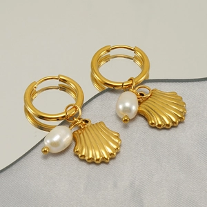 18K Gold Plated Stainless Steel Hoop Earrings With Natural Artificial Pearl And Shell Charm Pendants Luxury Fashion For Women