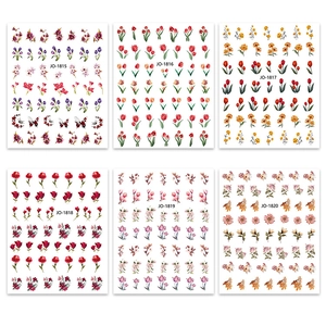 Set of 6 Japanese style tulip floral nail art stickers with roses and butterflies