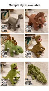 Detail view of colorful plush dinosaur collection in various sizes with gift boxes
