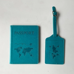 Cyan PU leather passport holder and luggage tag set with embossed world map design