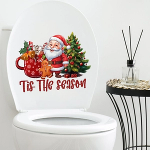 Detail of waterproof Christmas toilet stickers with Santa, reindeer and gingerbread man patterns