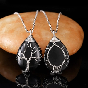 Natural tree of life crystal pendants with silver wire wrap and stone details