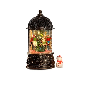Vintage Christmas music box with carousel, snowman, and shimmering snow effect for gift