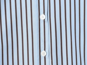 Macro view of blue and brown striped poplin fabric and white button detail on shirt