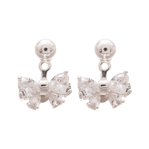 Sparkling silver bow knot stud earrings with zircon crystals on a clean white background
