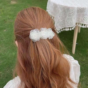 Elegant white mesh camellia hair clip with three 3D flowers for women's hairstyle