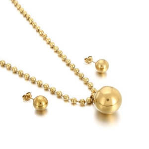 Elegant gold round bead jewelry set featuring a minimalist necklace and matching stud earrings