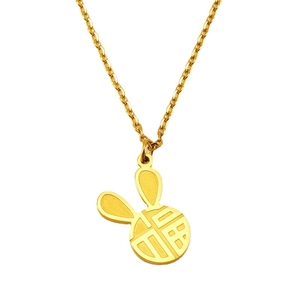 Golden stainless steel rabbit ear necklace with Fu character pendant on white background