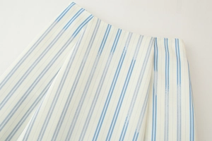 Detail view of woven fabric with classic blue vertical stripes on a white background