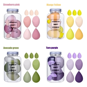 Set of 7 soft makeup sponges in strawberry, mango, avocado, and taro shades