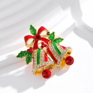 Weihnachtsglocken-Brosche mit roter Schleife und Stechpalmenblättern aus Goldlegierung