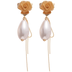 French retro gold mesh rose earrings with pear-shaped white pearl and long chain tassels