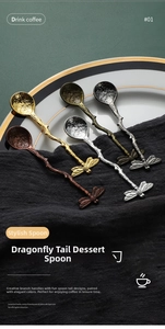 Macro detail of dragonfly dessert spoons with branch handles and hammered texture