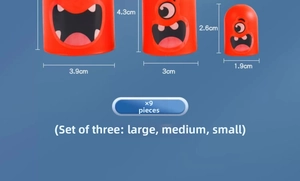 Size comparison of 9-piece orange monster nesting toy figures in three different dimensions