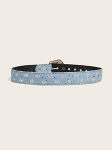 Close-up of light blue denim belt with distressed holes, sequins and heart rhinestone buckle