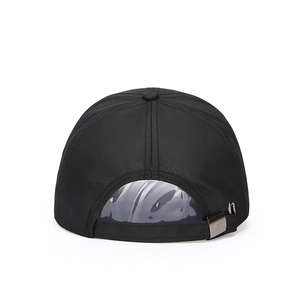 Men's black baseball cap back view showing breathable texture and adjustable strap