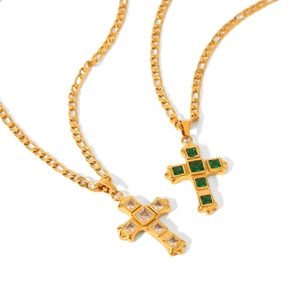 Gold Figaro chain stainless steel necklaces with green and white zircon cross pendants