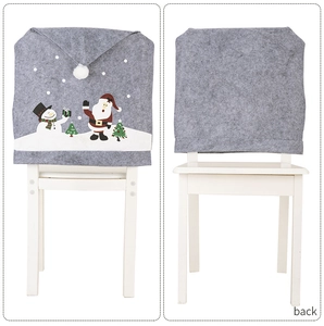 Front and back detail of gray Christmas chair covers with snowman and Santa prints