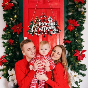 Plaid Christmas tree door sign with Merry Christmas text on a festive red door background