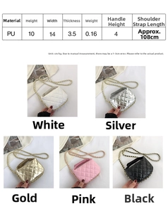 Size chart and color selection of quilted mini crossbody bags with chain straps
