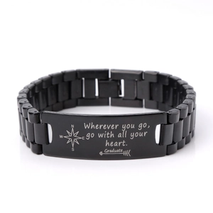 Men Black Stainless Steel Engraved Bracelet Graduation Gift Inspirational Quote Watch Band Link Chain ID Jewelry