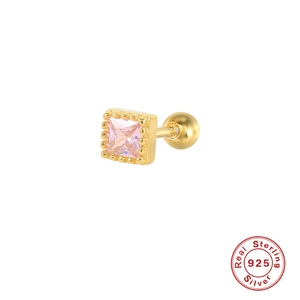 Detail of pink square-cut gemstone earring in gold S925 silver with a screw-back closure