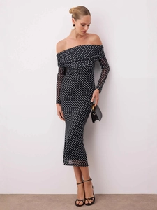 Elegant off-shoulder long sleeve polka dot mesh midi dress with bodycon fit for women