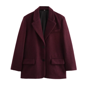 Women's burgundy wool blend blazer featuring shoulder pads and a straight cut design