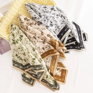 Set of 3 printed satin square scarves in green, brown and monochrome with floral patterns