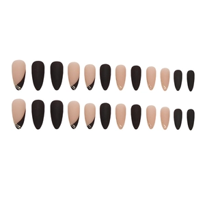 Matte black and nude pink almond press-on nails with French tips and gold line accents