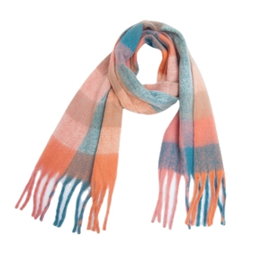 Soft thick mohair-like rainbow plaid scarf with long fringe tassels for winter warmth