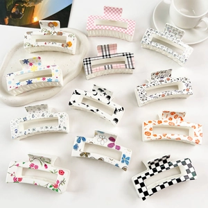 Hair Claw Clips Plastic Rectangular Hollow Strong Hold Printed Checkerboard Floral Halloween Christmas For Women Girls Fashionable