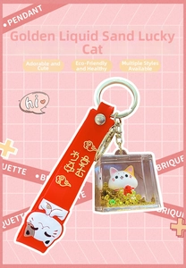 Detailed view of clear acrylic cube with lucky cat figurine and sparkling gold quicksand