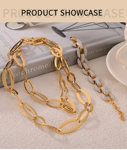 Close-up of gold double-layer oval link necklace and sparkling pavé diamond bracelet set